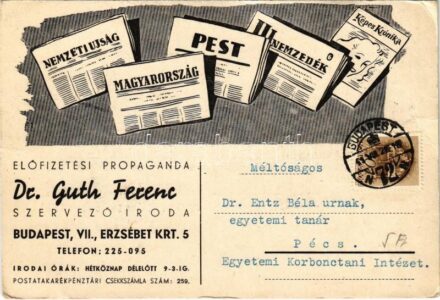 1941 Nemzeti Újság, Magyarország, Pest, Új Nemzedék, Képes Krónika. Előfizetési propaganda. Dr. Guth Ferenc szervezőiroda Budapest VII. Erzsébet körút 5. / Hungarian newspaper subscription advertisement (EK)
