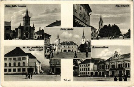 Técső, Tiacevo, Tiachiv, Tyachiv (Máramaros); Református és Római katolikus templom, Fő tér, Korona szálloda, M. kir. járásbíróság, Román hegyek / churches, main square, hotel, county court, Romanian mountains (EK)