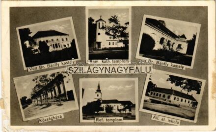 1942 Szilágynagyfalu, Nusfalau; volt Báró Bánffy kastély, Római katolikus templom, Báró Bánffy kastély, Községháza, Református templom, Állami elemi iskola. Stiglitz B. fényképész. Hangya Szövetkezet kiadása / castle, Catholic