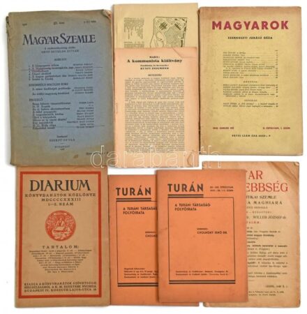 Vegyes nyomtatvány és folyóirat tétel, közte a Turán folyóirat 2 száma (1937-38), Diárium 1933 1-2. sz., Magyarok. Szerk. Juhász Gyula 1946. jan., Magyar Kisebbség. Szerk.: Jakabffy Elemér-Willer József, Lugos, 1940. X. 1., Magyar
