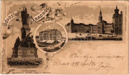 1899 (Vorläufer) Arad, Vértanú szobor, Színház, lóvasút, Városháza. Lengyel Lipót kiadása / statue, monument, town hall, horse-drawn tram. Art Nouveau, floral, litho (EB)