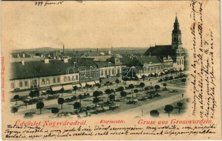1899 (Vorläufer) Nagyvárad, Oradea; Kispiactér, piac, szálloda, Huzella M., Auslander S., Kolliner D. László gőzhengermalom lisztraktára, Palkovics Imre és Berger Adolf üzlete. Pauker Dániel kiadása / market, square, shops, hotel (kis