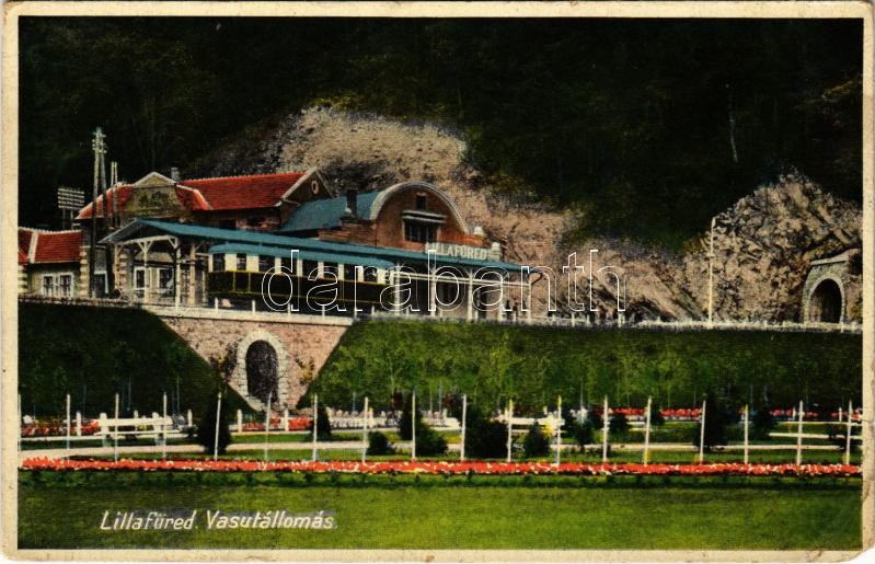 Lillafüred (Miskolc), Állomásépület, Vasútállomás, motorvonat, erdei vasút, vasúti alagút. Grünwald Ignác kiadása (EM)