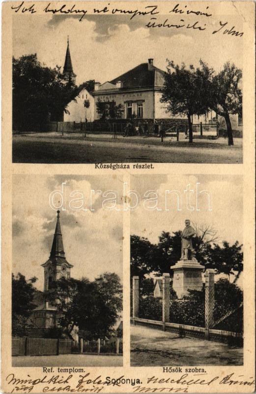 Soponya, Községháza, Református templom, Hősök szobra, emlékmű. Hangya szövetkezet kiadása (EK)