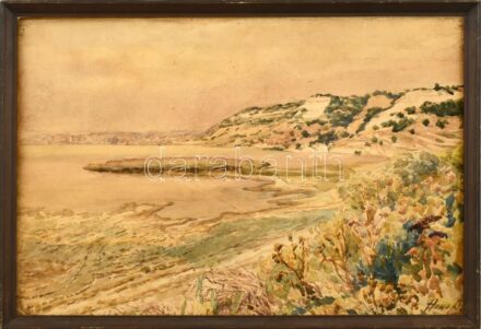 Holló Alajos (1876-1963): Vízparti táj. Akvarell, papír, jelzett. Fakeretben. 29×44 cm