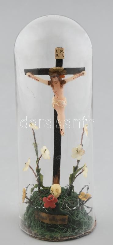 Apácamunka, viasz Jézus figura üveg bura alatt. m: 17 cm