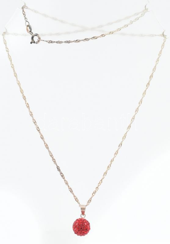 Ezüst(Ag) csavart nyaklánc piros medállal, jelzett, h: 48 cm, bruttó: 2,4 g - Image 2