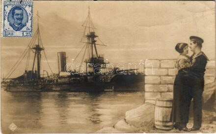 1914 Montage with battleship, mariner and lady, romantic couple + 'K.U.K. MARINEFELDPOSTAMT POLA' (EK)