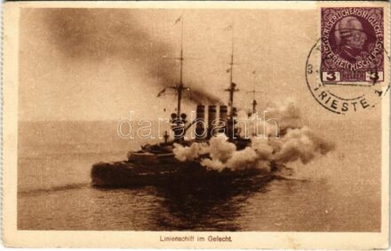 1915 Linienschiff im Gefecht / WWI German Navy battleship + 'K.u.K. Militärzensur Triest' (EK)