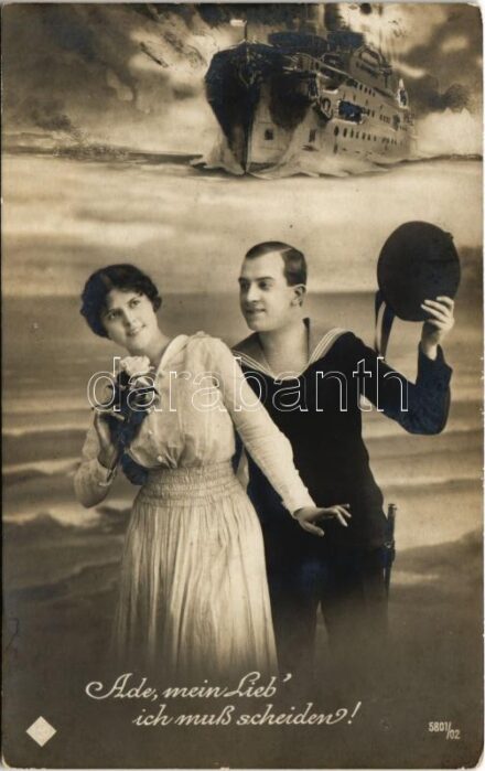 1916 Ade, mein Lieb', ich muß scheiden! / WWI German Navy art postcard, montage with battleship, mariner and lady, romantic couple + 'K.U.K. KRIEGSMARINE SMS HABSBURG'