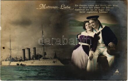 1915 Matrosen-Liebe / WWI German Navy art postcard, montage with battleship, mariner and lady, romantic couple + 'K.U.K. ARBEITERABTEILUNGSKOMMANDO SMS CUSTOZA'