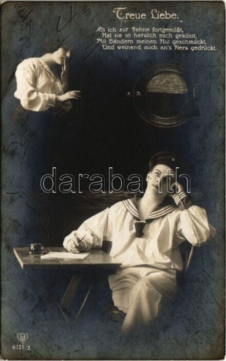 1915 Treue Liebe / WWI German Navy art postcard, montage with mariner and lady, romantic couple + 'K.U.K. KRIEGSMARINE SMS ERZHERZOG FERDINAND MAX'