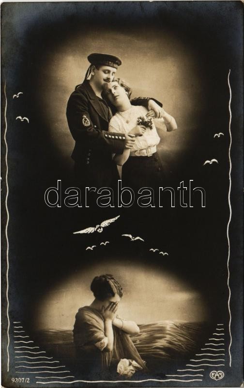 Navy art postcard, montage with mariner and lady, romantic couple, farewell. EAS 9307/2. + 'CATTARO - FIUME TENGERI POSTA'
