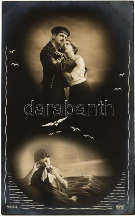 Navy art postcard, montage with mariner and lady, romantic couple, farewell. EAS 9307/4.