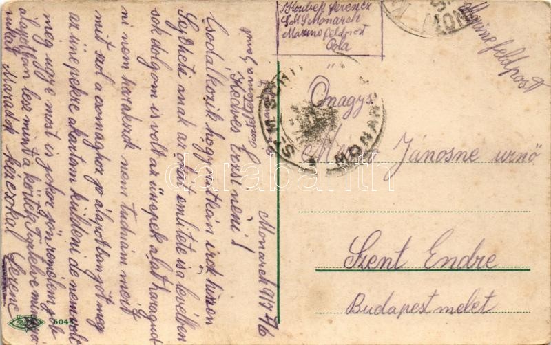 1917 A hazáért... / WWI Austro-Hungarian Navy art postcard, mariner with lady, romantic couple. B.N.K. 5044. + 'K.U.K. KRIEGSMARINE SMS MONARCH' (kis szakadás / small tear) - Image 2