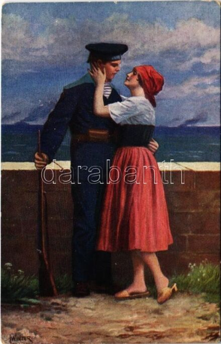 1917 Sok szerencsét a viszontlátásra! / WWI Austro-Hungarian Navy art postcard, mariner with lady, romantic couple, farewell. D.K. & Co. P. 761. s: L. Winter + 'K.U.K. KRIEGSMARINE SMS BUDAPEST' (EK)
