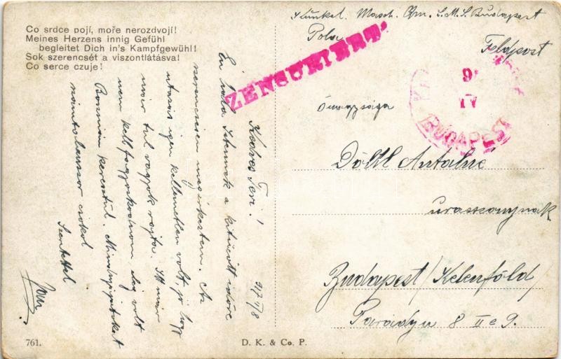 1917 Sok szerencsét a viszontlátásra! / WWI Austro-Hungarian Navy art postcard, mariner with lady, romantic couple, farewell. D.K. & Co. P. 761. s: L. Winter + 'K.U.K. KRIEGSMARINE SMS BUDAPEST' (EK) - Image 2