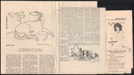 Reich Károly, Hincz Gyula, Kass János, Szabó Iván, Széky Piroska, Schéner Mihály autográf aláírása újság lapokon rájuk vonatkozó cikkek mellett.