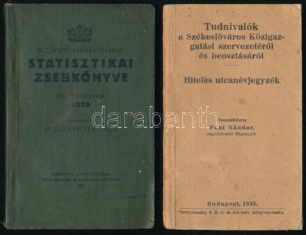 Tudnivalók a Székesfőváros Közigazgatási szervezetéről és beosztásáról. Hiteles utcanévjegyzék. Összeáll.: Fent Nándor. Bp., 1935., Horványszky Viktor, 78-202+4 p. Kiadói papírkötés. + 1929 Budapest Székesfőváros