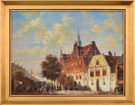 Vojnits Richárd (1942-): Sétálók. Olaj, farost, jelzett. Dekoratív, kissé sérült fa keretben, 30×40 cm