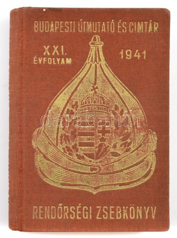 1941 Budapesti útmutató és címtár rendőrségi zsebkönyv. XXI. évf. 1941. Szerk.: vitéz Barcza Pál, Hajós László, vitéz Komlósy Ferenc. Bp., 1941., Pallas. Kiadói kissé kopott aranyozott egészvászon-kötés.