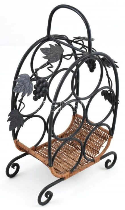 Nagy méretű, kovácsoltvas bortartó, szőlő és levél motívumokkal, 5 palack tárolására alkalmas, hibátlan, m: 46 cm