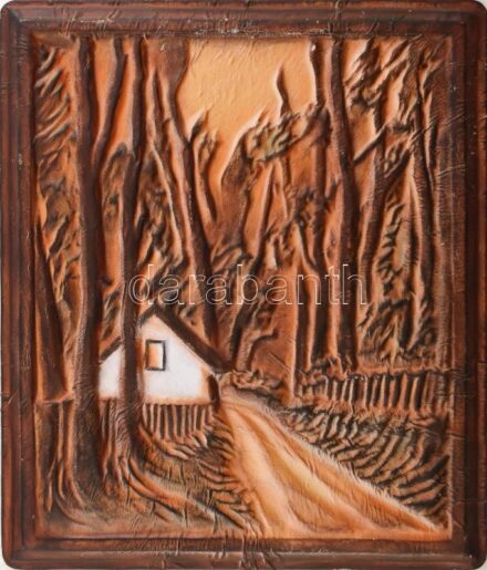 Belt bőrstúdió: Erdei ház. Bőrkép, kopásnyomokkal, hátoldalán sérült etikett, 52x44cm