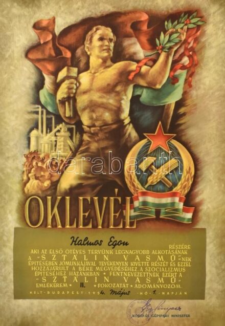 1951 Sztálin Vasmű emlékérem oklevél 35 x51 cm Feltekerve