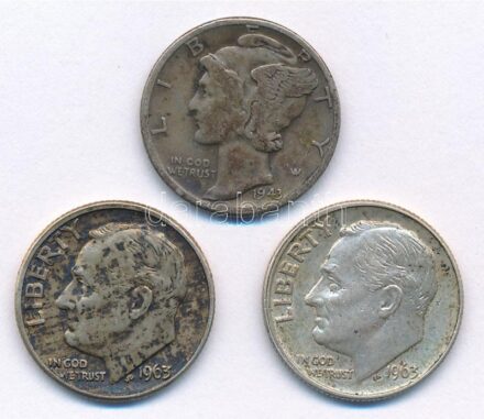 Amerikai Egyesült Államok 1943. 1d Ag 'Mercury' + 1963. 1d Ag 'Roosevelt' (2xklf) T:2- patina USA 1943. 1 Dime Ag 'Mercury' + 1963. 1 Dime Ag 'Roosevelt' (2xdiff) C:VF patina