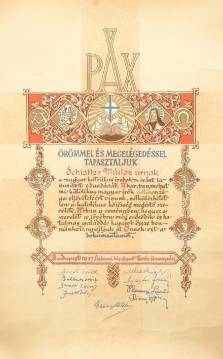 1937 katolikus írók egyesületének oklevele 25 x 34 cm tokkal