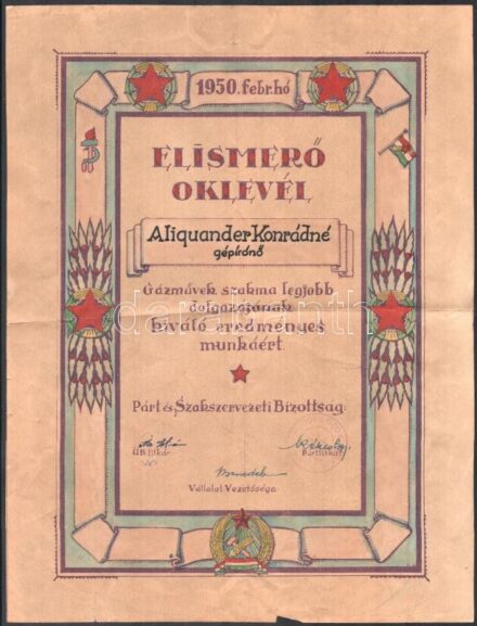 1950 Elismerő oklevél a Gázművek szakma legjobb dolgozójának kiváló eredményes munkáért, kézzel festett szocreál grafikus oklevél, aláírásokkal, hajtva, kis szakadásokkal, 37x28 cm
