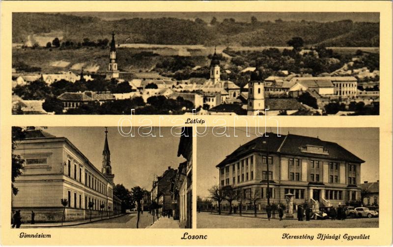 Losonc, Lucenec; látkép, Gimnázium, Keresztény Ifjúsági Egyesület, automobilok. Bukor József kiadása / general view, grammar school, YMCA building, automobiles