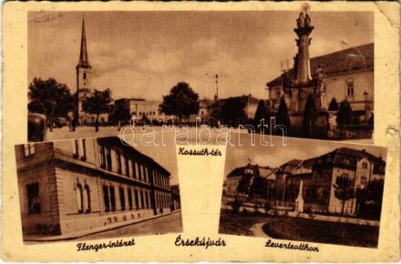 1942 Érsekújvár, Nové Zámky; Kossuth tér, Flenger intézet, Leventeotthon. Jaksics Ferenc kiadása / square, institute, Hungarian paramilitary youth organization's house (b)