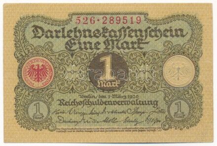 Németország / Weimari Köztársaság 1920. 1M '526 289519' T:II Germany / Weimar Republic 1920. 1 Mark '526 289519' C:XF Krause P#58