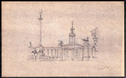 1938-as Eucharisztikus Világkongresszus Hősök terei főoltáráról, díszletéről készült 5 db látványterv. Nyomat. karton. Olvashatatlan jelzéssel a nyomaton. 20x32 cm.