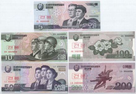 Észak-Korea 2002-2013. 5W-5000W (10xklf) MINTA felülnyomással és '0000000'-ás sorszámmal T:I North Korea 2002-2013. 5 Won - 5000 Won (10xdiff) with SPECIMEN overprint and '0000000' serial C:UNC