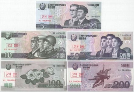 Észak-Korea 2002-2013. 5W-5000W (10xklf) MINTA felülnyomással és '0000000'-ás sorszámmal T:I North Korea 2002-2013. 5 Won - 5000 Won (10xdiff) with SPECIMEN overprint and '0000000' serial C:UNC
