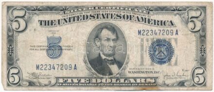 Amerikai Egyesült Államok 1946-1949. (1934C) 5$ 'Silver Certificate - kisméretű' kék pecsét 'William Alexander Julian, John Wesley Snyder' T:III fo. USA 1946-1949. (1934C) 5 Dollars 'Silver Certificate - Small size' blue seal 'William
