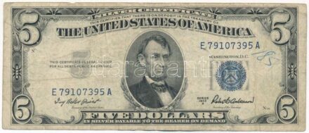 Amerikai Egyesült Államok 1957-1961. (1953B) 5$ 'Silver Certificate - kisméretű', kék pecsét, 'Elizabeth Rudel Smith - C. Douglas Dillon' T:III USA 1957-1961. (1953B) 5 Dollars 'Silver Certificate - Small size', blue seal, 'Elizabeth Rudel