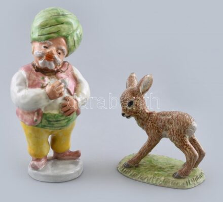 2 db Izsépy állatos kerámia figura török basa ragasztott nyakkal 20 cm őzgida 12 cmhibátlan jelzett