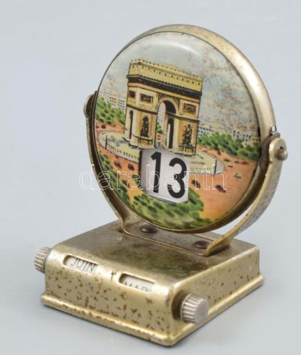 Retro párizsi mechanikus asztali naptár zománcozott fém 7,5 cm