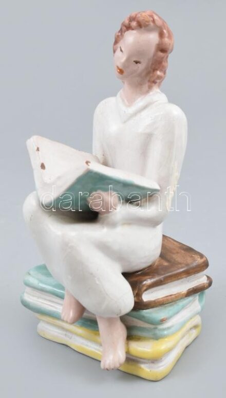 Rámer Mária olvasó nő art deco mázas kerámia figura edzés nélkül javított 18 cm