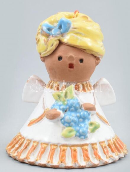 Szilágyi Mária kerámia angyalkás csengő kézzel festett jelzett minimális mázhibákkal 10cm