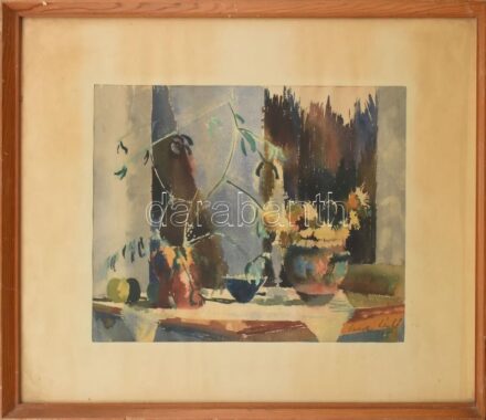 Vincze László (1934-2020): Csendélet, 1975. Akvarell, papír, jelzett, üvegezett fakeretben, 27×40 cm