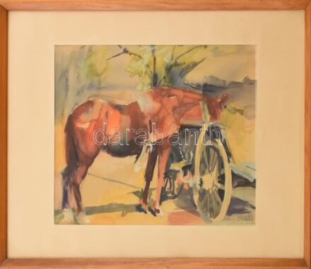 Vincze László (1934-2020): Abrakoló ló, 1970-es évek. Akvarell, papír, jelzett, üvegezett fakeretben, 29×40 cm
