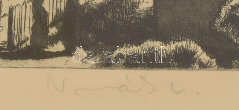 Novák Lajos (1927-1989): Dunapart. Rézkarc, papír, jelzett, üvegezett fakeretben, kissé foltos, 29x39 cm - Image 2