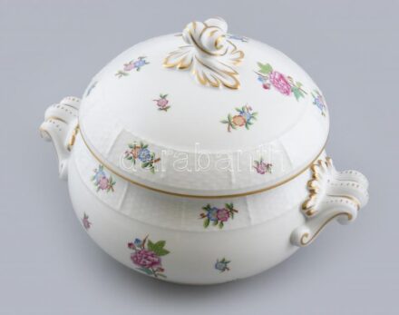 Herendi Eton mintás leveses tál, kézzel festett, jelzett, restaurált aranyozás, m:19 cm, 28×20 cm
