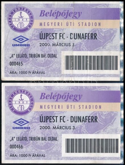2000 Újpest-Dunaferr labdarúgó mérkőzés 2 db egymást követő belépőjegye, egyiken hajtásnyomok