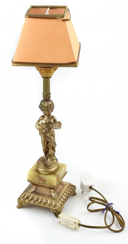 Figurális lámpa, réz, ónix, kartonozott ernyővel, kopott, működik, m: 48 cm