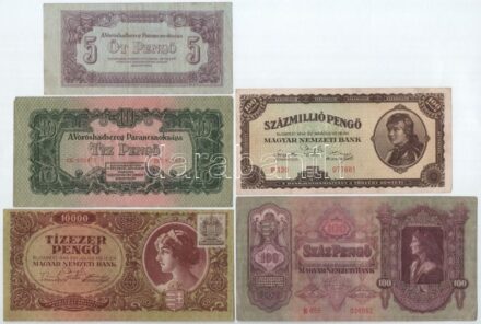 1930. 100P + 1944. 5P + 10P 'Vöröshadsereg Parancsnoksága' + 1945. 10.000P (eltolódott nyomat) + 1946. 100.000.000P T:III